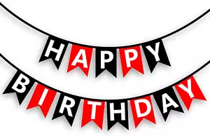 Happy Birthday Banner Sign Red Black Cardstock Decorations Birthday Flag Bunting - Picture 1 of 12
