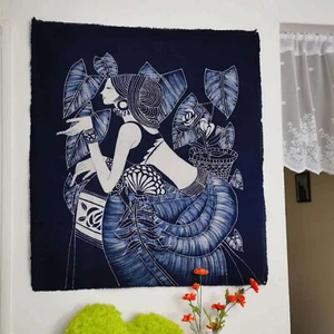 Batik Tapestry,  Indigo Cotton Wall Hanging, 30x35'' - Tranquility in Greenery - Picture 1 of 9
