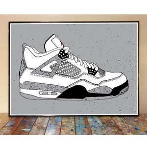 AIR JORDAN 4 WHITE CEMENT OG MICHAEL CHICAGO BULLS NBA SNEAKER ART PRINT - Picture 1 of 1
