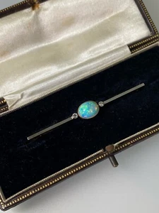 Broche de barra de oro 15 K eduardian c1920 ópalo de cristal semi-negro, diamante de corte antiguo - Imagen 1 de 10