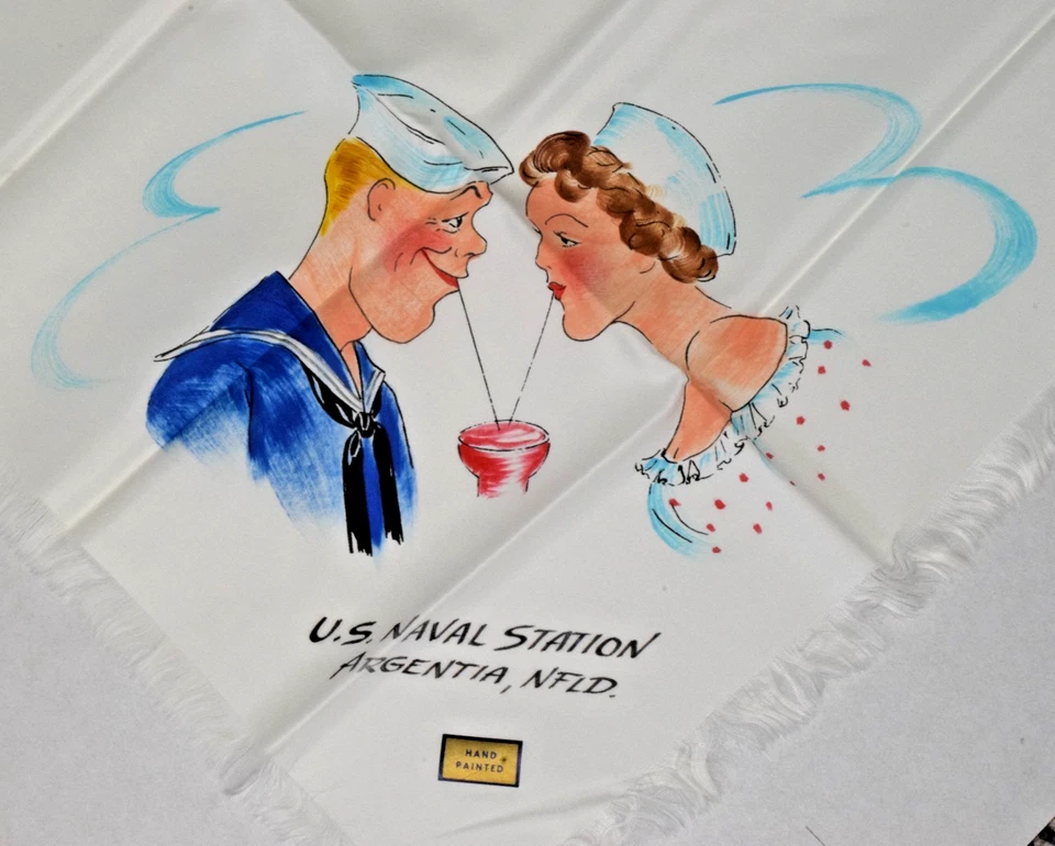 Vintage Silk Scarf 1940s Hand Painted US Naval Air Station Argentia Newfoundland - Image 1 of 4