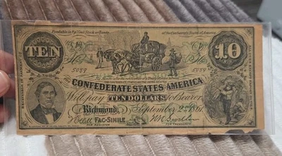 Billete de 10 dólares de los Estados Confederados de América préstamo a media tarifa Co. Leer descripción Foto 1 de 2