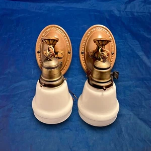 Wired Pair Antique Brass Wall Sconce Fixtures Milk White Shades 12j - Picture 1 of 5