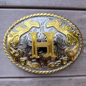 INITIAL " H " RODEO COWBOY LETTER SHINE GOLD SILVER WESTERN BELT BUCKLE - Picture 1 of 2