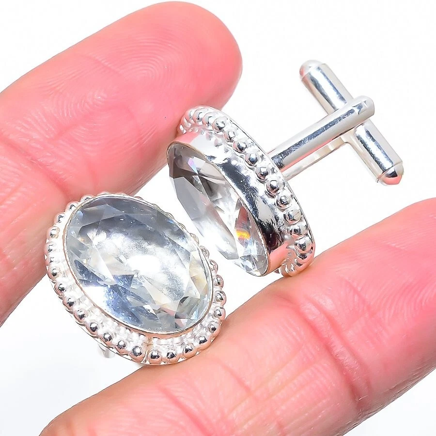 Gemelos de joyería de plata de ley 925 hechos a mano con piedras preciosas de topacio blanco Foto 1 de 1