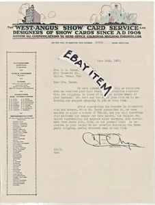 1925 LETTERHEAD West Angus Servicio Tarjeta de Espectáculo LETRERO PINTOR ARTISTA Toronto Canadá - Imagen 1 de 1