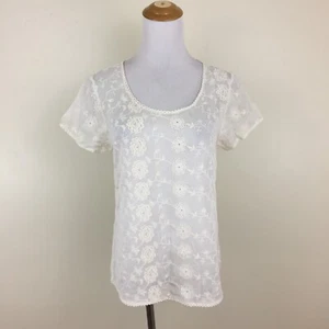 NWT LUCKY BRAND Ivory Sheer Floral Lace Embroidery Short Sleeve Top Womens sz XS - Picture 1 of 6
