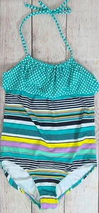 Roxy 1pc Halter Bathing Suit Girl's Size 16 Teal Black Yellow Stripes Polka Dots - Picture 1 of 7