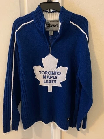 Toronto Maple Leafs NHL Hockey Mens M Knit Sweater Blue Ribbed Quarter Zip Sewn Cover