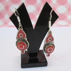 Absolutely amazing Tibetan earrings with three tiers of gemstones Red Coral - Picture 1 of 7