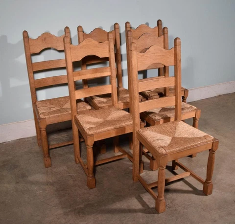 *Set of 6 Vintage French Solid Oak Ladder Back Dining Room Chairs w/Rush Seats Cover