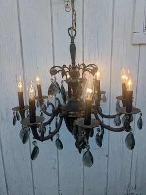 Antique Neoclassical Chandelier Light Gold Bronze Crystal Hollywood Regency Rare - Image 1 of 4