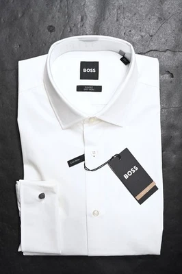 HUGO BOSS Uomo Jacques Polsino Francese Facile Ferro Slim Cotone Bianco Camicia - Immagine 1 di 4