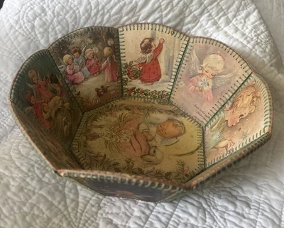 TARJETA DE FELICITACIÓN DE Navidad de colección Cesta Cuenco Crochet Cosido Ángel Bebé Niños*MCM Foto 1 de 4