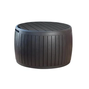 Keter 143L Circa Natural Wood Style Round Outdoor Storage Table Deck Chest Box - Picture 1 of 9