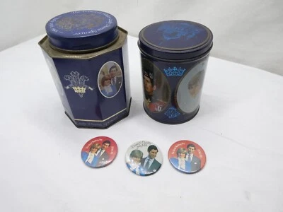 Prince Charles Princess Diana tea tins and wedding pins - Image 1 of 4