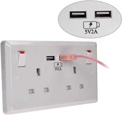 Double Wall Socket Mains &2 USB Twin Fast Charger Plug Switched Ports 2 Gang - Image 1 of 4