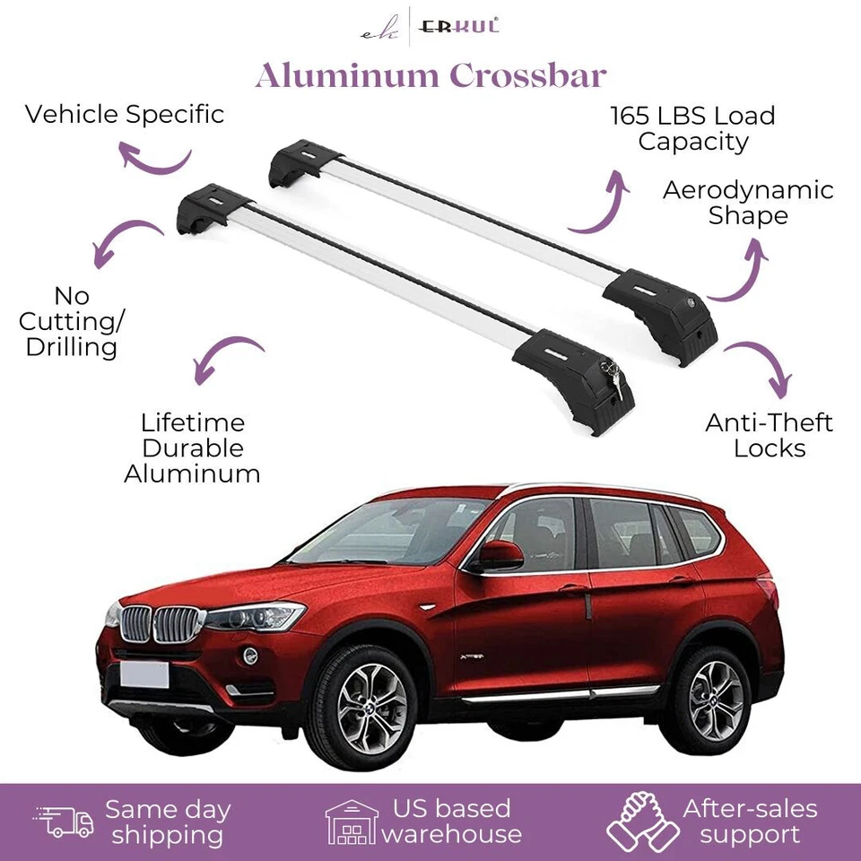 Se adapta a BMW X3 2011-2017 con rieles de fábrica 2 piezas barras transversales de techo 165 libras Foto 1 de 4