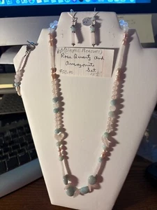 Costume Jewelry Rose Quartz & Amazonite Necklace/Bracelet/Earrings N/W/Tags - Picture 1 of 6