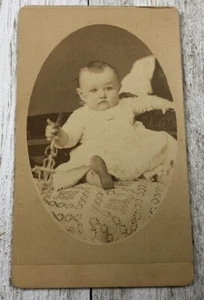 Oswego,NY Antique Victorian Real Photo CDV Beautiful Baby Infant 1880s Toy Gown - Picture 1 of 6