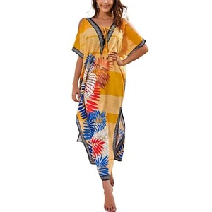 sunforyou Kaftan Dresses for Women Turkish Caftan Stylish Plus Size Yellow Print - Picture 1 of 6