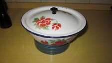 Vintage Enamelware Bowl With Lid  Rose Design Metal Ware 8"