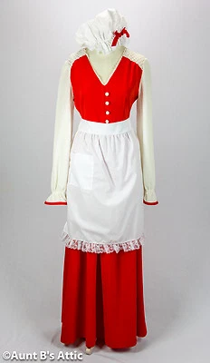 Vestido Mrs. Santa De Colección Años 70 3 Piezas Hecho a Mano Rojo/Blanco Vestido Cintura Delantal y Gorra Mob Pequeño Foto 1 de 4