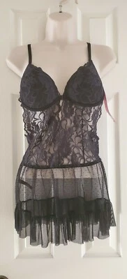 NWT BLACK FUCHSIA Lace Babydoll Lingerie Chemise Nightdress Mesh Cage Bra Back M - Image 1 of 4