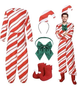 NEW Men`s Candy Cane Costume Adult Medium Funny Red & White Christmas Party Suit - Picture 1 of 4