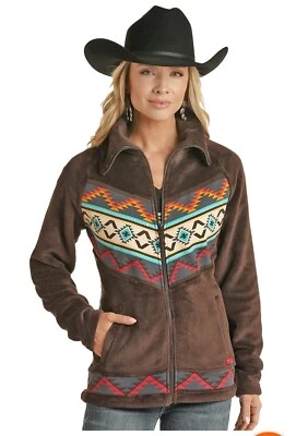 Chaqueta de piel micro para mujer Powder River Talla grande Diseño azteca marrón oscuro  Foto 1 de 4