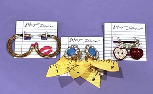 Betsey Johnson Earrings Lot Pencil Hoops Apple Dangles Crystal Ruler Bow - Picture 1 of 10