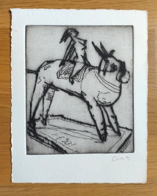 Sighard Gille / Leipzig, Akt auf Schaukelpferd, 1993, Rad. handsigniert (2514) - Bild 1 von 3