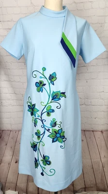 复古 60 年代 Toni Todd Shift 连衣裙 MOD 刺绣颈部围巾 中世纪 L 码 — 第 1/4 张图片