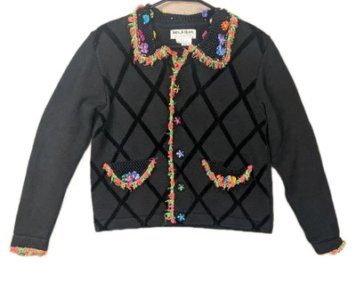 Cardigã suéter rápido vintage Jack B preto colorido acento flores e franja média - Imagem 1 de 4