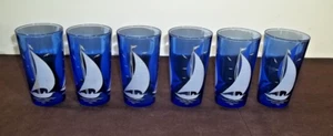 Set 6 Vintage Cobalt Blue Hazel Atlas Juice Glasses Sailboats Beach House - Picture 1 of 3