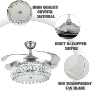 Crystal 42" Invisible Ceiling Fans with 3-Color LED Light Fan Chandelier+remote - Picture 1 of 11