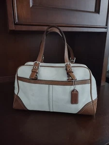 Coach Hampton Medium Ivory Beige Leather Trim Satchel Handbag Purse F11198 EUC - Picture 1 of 5