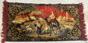 Vintage Tapestry Middle Eastern Camel Shepherd Sheep Desert Scene 40”x20” Fringe - Picture 1 of 12