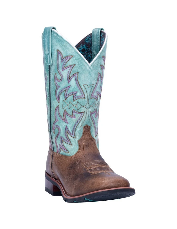 C A Laredo Womens Cowboy Boots sz 7 M Tan & Teal Genuine Leather Country Cowgirl
