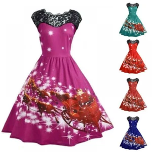 Damen Frauen Weihnachten Xmas Spitze ärmellos Rockabilly Party Swing A-Linie Kleid - Bild 1 von 52