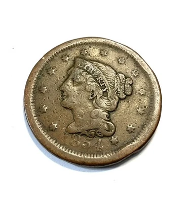 1854 Braided Hair Large Cent Lot# 43 - Round Money Coin Shop  - Image 1 of 2