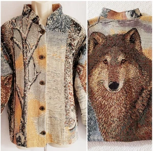 Vintage Sugar Street Weavers Tapestry Cardigan Sweater One Size Rare Wolf & Pups - Picture 1 of 20