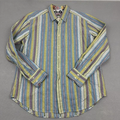 Рубашка мужская Robert Graham большая синяя желтая в полоску на пуговицах с длинным рукавом с откидными манжетами - Изображение 1 из 4