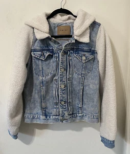 BlankNYC Jean Jacket - Extra Small Faux Sherpa Sleeves Hooded Button - Picture 1 of 17