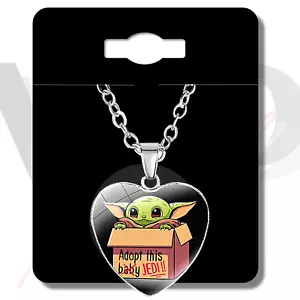 Collana Baby Yoda Bambino Ciondolo Cabochon Catena A Forma di Cuore ADOTTA QUESTO JEDI - Foto 1 di 7