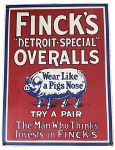 Vintage Finck’s Detroit Special Overalls Pigs Red Porcelain Steel Sign - Picture 1 of 11