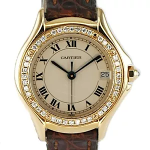 Cartier Panthere Cougar Dimond Bezel Yellow Gold Ladies Watch Brown Leather - Picture 1 of 8