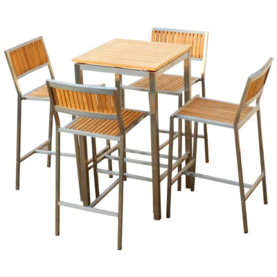 BAR-SET - EDELSTAHL TEAK Bartisch Bistrotisch 60x60cm mit 4x Barhocker MEXIKO - Bild 1 von 4