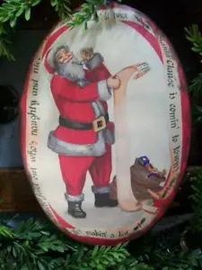 NWT 9" Santa Making List Vintage Postcard Scene CHRISTMAS Domed Metal Disk Orn - Picture 1 of 1