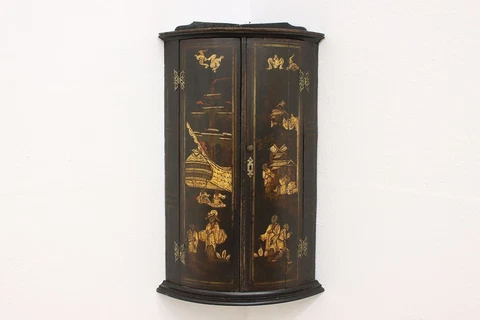 Victorian Antique Hand Painted Chinoiserie Lacquer Wall Corner Cupboard #43405 Cover